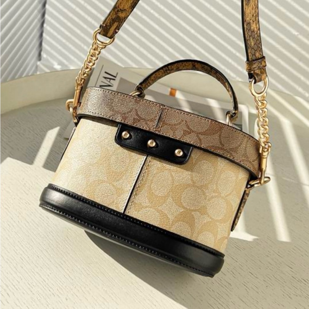 Coach Beige Signature Canvas Top-Handle Satchel with Black Trim - Picture 2 of 8